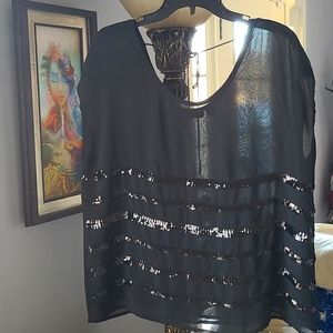 Black Short Sleeve Sheer Blouse with Sequin